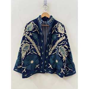 Sujani Velvet Handmade Embroidered Quilted Pullover <b>Jacket</b> Women Reversible Floral Boho <b>Kimono</b> Ruffles 100% Cotton Summer Autumn - Product Image 2