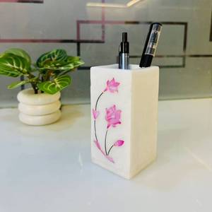 Magnifique porte-stylo en marbre blanc fait main avec fleur rose, pièce de haute qualité, vente en gros, meilleur prix disponible - Product Image 1