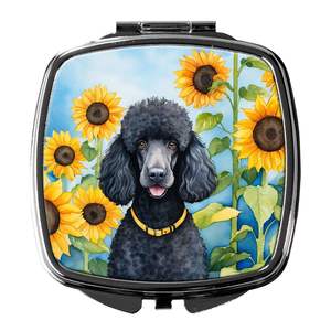 Caniche noir tournesols miroir de maquillage de voyage compact pliant cadeau de conception portable pour femmes et filles - Product Image 1