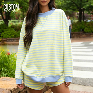 <b>Top</b> Trending Women's Yellow Blue Striped <b>Long</b> <b>Sleeve</b> Mock Neck Sweatshirt Shorts 2Piece Casual Loungewear Sets All Season Wear - Product Image 4