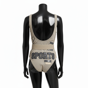 Traje de baño para mujer, 200 GSM, poliéster, spandex, tela elástica, color beige, diseño gráfico, logotipo personalizado. - Product Image 4