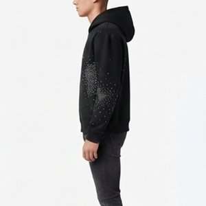 เสื้อฮู้ดซิปผู้ชายสีดำประดับเพชรเทียม ทรงปกติ สวมใส่สบายสำหรับฤดูหนาว ลายจุดพิมพ์ลายกลิตเตอร์ ผ้าเฟรนช์เทอร์รี่ถัก - Product Image 3