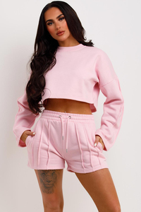 Conjunto Deportivo de 2 Piezas para Mujer, Color Rosa, Sudadera Corta, Pantalones Cortos, Manga Larga, Cuello Redondo, Estilo Casual, Ropa de Primavera, Conjunto Deportivo Sólido - Product Image 5