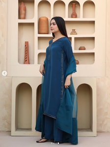 Salwar Kameez en coton bleu pour femmes, coupe classique, vêtements décontractés, style Inde Pakistan, évacuation de l'humidité, séchage rapide, toutes saisons - Product Image 1