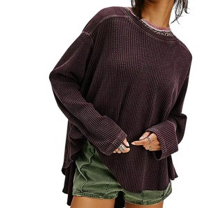 T-shirt confortable en coton gaufré brodé pour femme, grande taille, col rond, doux, très extensible, 100 % coton, coupe ample, marron - Product Image 1