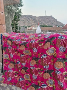 Blue Mukut Print Kantha <b>Quilt</b> Hand Stitched Queen Size Cotton <b>Bedspread</b> Reversible Bohemian Style All-Season Washable - Product Image 2