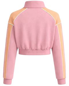 Chaqueta deportiva corta rosa melocotón para mujer, con cremallera, para gimnasio, fitness, ropa deportiva, con rayas en contraste, para entrenamiento, fabricante. - Product Image 2