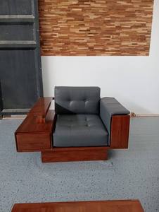 Modern Teak Wood <b>Sofa</b> <b>Set</b> with Integrated Side Drawers and Charcoal Leather - Product Image 4