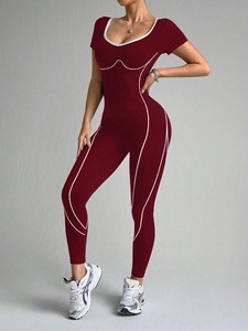 Burgundy Seamless Yoga Jumpsuit White Contrast Stripe Mid Waist Sleeveless Full Length Polyester/Nylon Solid Breathable - Product Image 1