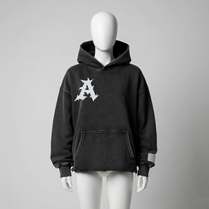 Sudadera con capucha para hombre sin bolsillos, con efecto desgastado por el sol, de corte personalizado, con lavado ácido, bajo sin rematar, con apliques y parches bordados con efecto desgastado - Product Image 3