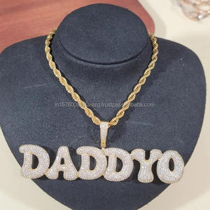 Hip Hop Moissanite Diamond " DADDYO " Pendant Necklace Gold Plated <b>Rope</b> <b>Chain</b> Jewelry For Men - Product Image 1