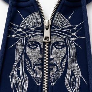 Sweat à capuche zippé bleu marine pour homme, imprimé Jésus pailleté, coupe oversize streetwear, ajustement régulier, pour l'automne, avec détails en strass - Product Image 4