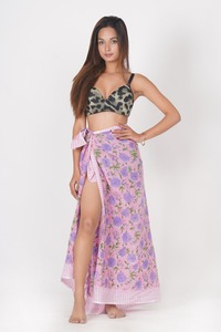 Pareo en coton à imprimé botanique - Jupe longue à enrouler avec bordure rayée - Product Image 3