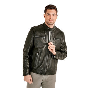 Blouson en cuir noir pour homme, col montant, style motard, coupe ajustée, multi-poches, zippé, décontracté, mode hiver, respirant, devant zippé - Product Image 4