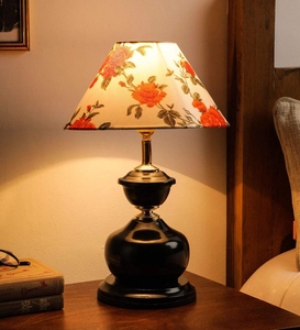 Vintage floral <b>table</b> lamp rose pattern fabric shade black metal base artistic <b>bedside</b> nightstand light home decor accent elegant - Product Image 3