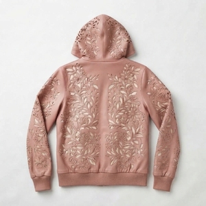 Pink Embossed Floral Hooded PU Leather <b>Jacket</b> With Zipper Closure Casual Unisex Style Autumn Wear - Product Image 2