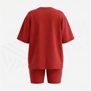 Ensemble 2 pièces rouge pour femme : T-shirt à manches courtes et short au-dessus du genou, imprimé géométrique décontracté, coupe ample, idéal printemps-été - Product Image 2
