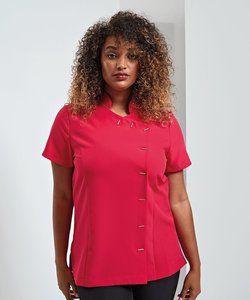 Tunique rose vif pour femme, uniforme de salon de beauté, manches courtes, pour spa, massothérapeute, col montant, logo personnalisé, haut de travail pour esthéticienne des ongles - Product Image 1