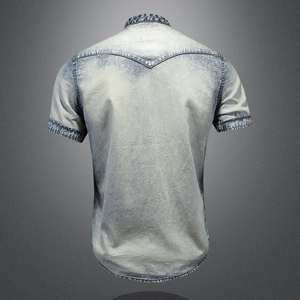 เสื้อเชิ้ตเดนิมผู้ชายแฟชั่นปี 2026 แขนสั้น คอจีน ทรงเข้ารูป มีกระเป๋าสองช่อง ระบายอากาศได้ดี สไตล์ลำลองแบบสโตนวอช - Product Image 6