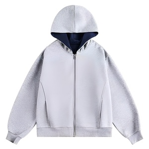 Textured Zip Hoodie Grey Unisex Cotton Blend Heavyweight Jacket Streetwear Custom Logo OEM ODM Trend Outerwear Men's Hoodies - Product Image 1