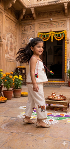 Girls Cambric Cotton Sleeveless Coord Set Floral Elephant Patch Outfit With Lace Border And Hair <b>Bow</b> <b>Gift</b> For Kids 0 To 5 Years - Product Image 4
