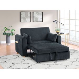 Divano letto trasformabile Marielle 55"W in velluto a coste nero con porte USB, tasche porta riviste e cuscini - Product Image 1