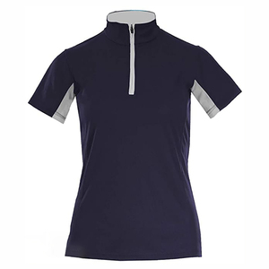 Women's Slim Fit Moisture Wicking Breathable Spandex Equestrian Riding T-Shirt Short Sleeve Zipper Closure Solid Navy Gray Panel - Product Image 2