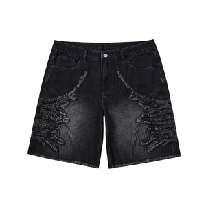 Shorts en jean vintage 100 % coton bleu ciel pour homme, style streetwear, broderie, délavage clair, vente en gros avec poches cargo - Product Image 1