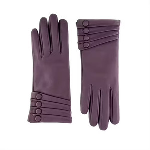 Purple Leather Wrist Length Gloves With Button Detail Plain Style Casual Wear Winter Warmth - Product Image 4
