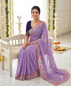 AARA Fashion Saree élégant en rayonne violette avec broderie florale, protection solaire, pour occasions de mariage, longueur ras du sol, Inde - Product Image 4