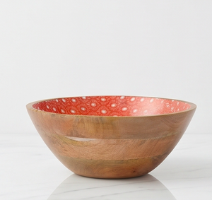 Bol à salade en bois poli fait main avec intérieur à motifs rouges et pince assortie pour le service - Product Image 3
