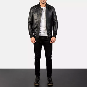 Chaqueta Bomber de Cuero Genuino para Hombre, Cuello Alto, Cierre de Cremallera, Corte Ajustado, Estilo Motociclista, Color Negro Sólido, para Otoño - Product Image 5