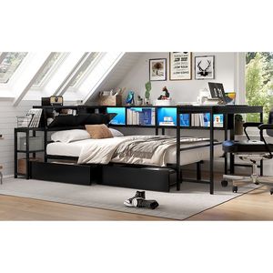 Modern Full-Size <b>Corner</b> Bed Frame with LED Light Charging Station & Bookcase 2 Underbed <b>Storage</b> Drawers Left Side - Product Image 6