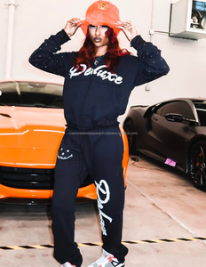 Womens Casual Winter Solid Distressed Embroidery Cropped Hoodie Jogger Set Customised Rhinestone Vintage Streetwear Eco-Friendly - Product Image 1