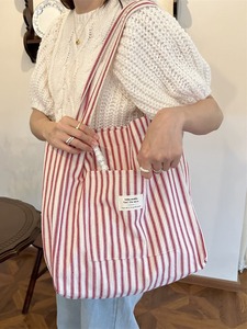 Fashionable Versatile Striped <b>Canvas</b> <b>Bag</b> <b>Large</b> Capacity Lightweight Women's Shopping Shoulder <b>Bag</b> - Product Image 3