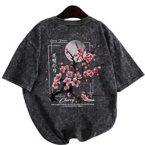 เสื้อยืดโอเวอร์ไซส์สไตล์วินเทจลายกราฟิก คอกลม แขนสั้น สตรีทแวร์ พิมพ์ลายดอกซากุระด้านหลัง ลำลอง ผ้าฝ้าย 100% - Product Image 2