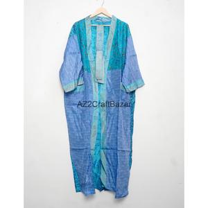 Robe de luxe pour femme 100% soie, été, col en V, fermeture à cordon, longueur intégrale, manches trois-quarts, motif patchwork, douce et lisse - Product Image 1