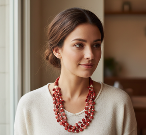 Collar matinee hecho a mano con botones rojos de hueso Rumba, detalles en ivorine y cierre de mosquetón ajustable. - Product Image 4