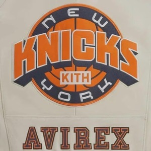 แจ็คเก็ตหนัง Kith x Knicks Avirex, แจ็คเก็ตวาร์ซิตี้ทีม New York Knicks, แจ็คเก็ตบอมเบอร์สีครีม, แจ็คเก็ตสตรีทแวร์, แจ็คเก็ตหนังสั่งทำพิเศษ - Product Image 4