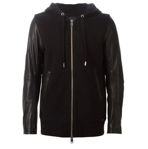 Men's <b>Black</b> <b>Zip</b>-Up <b>Hoodie</b> With Leather Sleeves French Terry Sweatshirt Regular Fit Autumn Leather Sleeve Hooded Breathable - Product Image 1