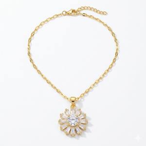 Collar con Colgante de Diamantes Cultivados en Laboratorio, Chapado en Oro de 14K, Diseño de Rayos de Sol, con Diamantes Redondos en el Centro y Halo, Regalo para Ella - Product Image 3