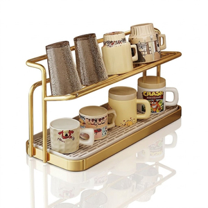 Modern 2 Tier Gold Metal Mug Rack Holder With Drip Tray Stylish Countertop <b>Tea</b> Cup Storage Organizer Display <b>Stand</b> For Kitchen - Product Image 1