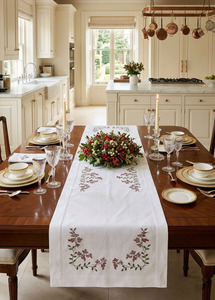 Wholesale Customized White 100% Cotton Table <b>Runners</b> Embroidered Red Flowers <b>Washable</b> Durable Home Events - Product Image 3