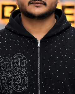 Men's Custom Made <b>Black</b> Rhinestones Pattern Zip-Up <b>Hoodie</b> With Front Logo And Star Sleeve Design Casual Streetwear Sweatshirt - Product Image 5