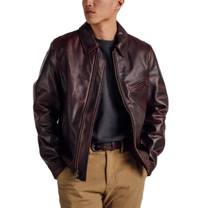 Veste moto en cuir véritable pour homme, marron foncé, fermeture éclair, col rabattu, coupe classique, pour l'automne - Product Image 3
