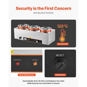 Calentador de Sopa Eléctrico Comercial Bain Marie de 1500W, Tres Ollas de Acero Inoxidable de 6.34QT, 86~185, Equipo de Servicio para Restaurantes y Hoteles - Product Image 5