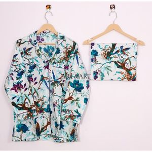 Ensemble de pyjama en coton imprimé à la main, doux et confortable, pour femmes, respirant, séchage rapide, longueur intégrale, idéal pour dormir et se détendre - Product Image 2