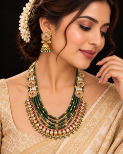 <b>Green</b> Layered <b>Beaded</b> Multi-Strand Statement <b>Necklace</b> for Women Rani Haar Floral Design Zircon Imitation Pearl Silver Wedding - Product Image 4
