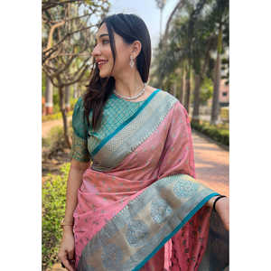Sari en soie Kanchipuram rose pâle Elite Weaves, tissé à la main avec des broderies Zari traditionnelles, pour femmes, vêtements de fête pour tenues indiennes et pakistanaises - Product Image 2
