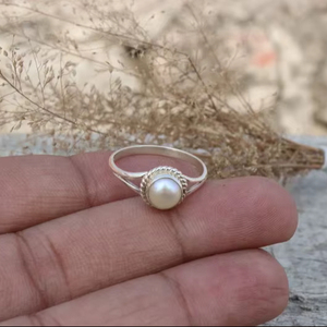 Minimalist Pearl <b>Ring</b> Silver Plated Brass Dainty Round Pearl <b>Thin</b> Band Elegant Handmade Jewelry for Women Gift - Product Image 1